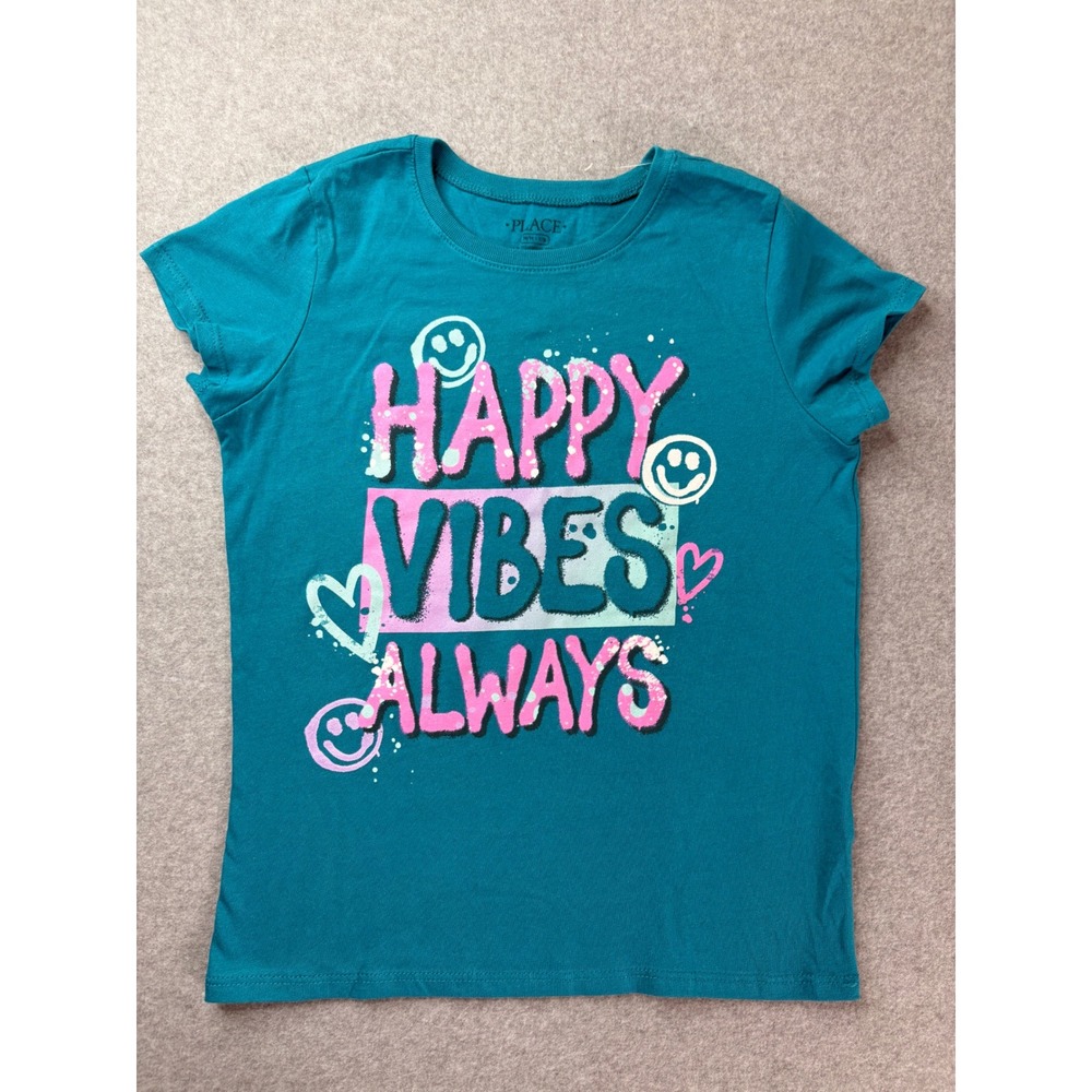 The Children's Place Girls Happy Vibes Always Teal Graphic Tee Shirt Size M 7/8